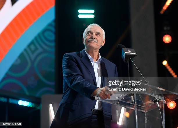 Pro Football Hall of Fame member Larry Csonka announces the Miami Dolphins' 102th overall pick during round three of the 2022 NFL Draft on April 29,...