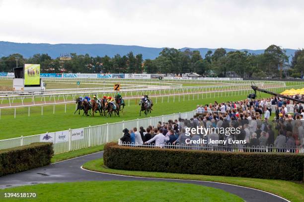 Hugh Bowman on Deepstrike wins race 4 the Blakes Marine Bm78 Handicap during Hawkesbury Cup Day at Hawkesbury Race Club on April 30, 2022 in...