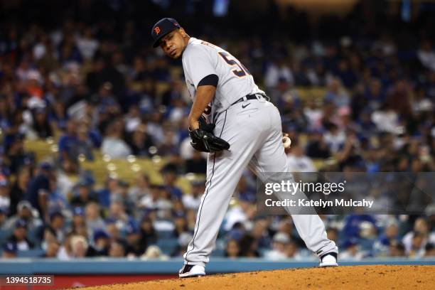 Wily Peralta of the Detroit Tigers looks at first base during the third inning against the Los Angeles Dodgers at Dodger Stadium on April 29, 2022 in...