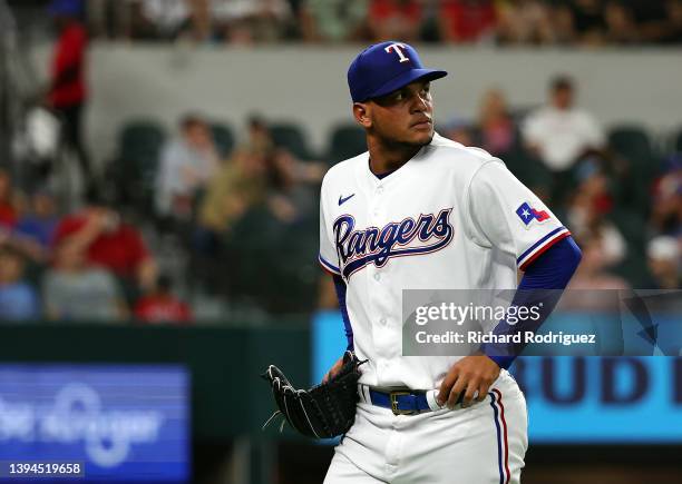 Albert Abreu of the Texas Rangers exits the game in the seventh against the Atlanta Braves at Globe Life Field on April 29, 2022 in Arlington, Texas.