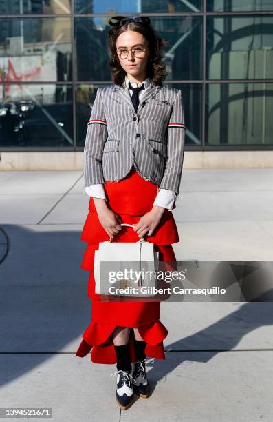 Ella Emhoff is seen arriving to Thom Browne Fall 2022 runway show at Javits Center on April 29, 2022 in New York City.