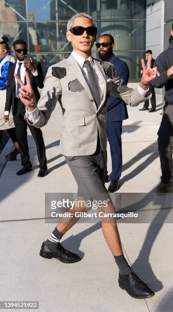 Actor/model Evan Mock is seen arriving to Thom Browne Fall 2022 runway show at Javits Center on April 29, 2022 in New York City.