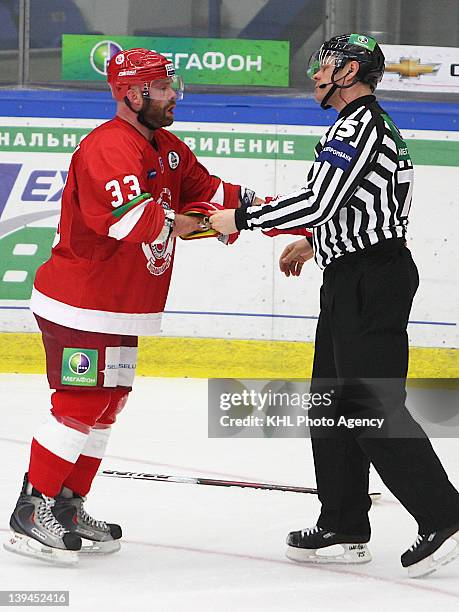 Jeremy Yablonski of the Vityaz argues with an official during the fight in the game between Vityaz Chekhov and Atlant Moscow region during the KHL...