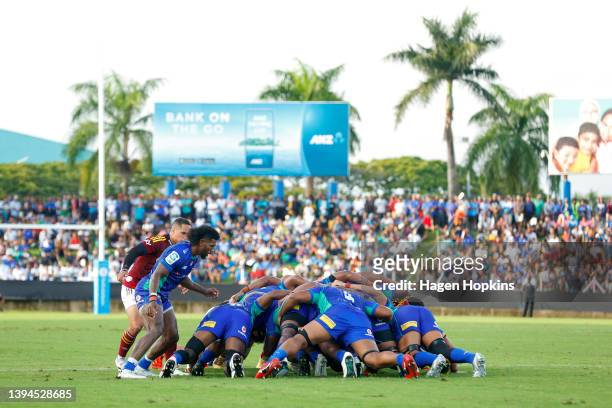 Scrum packs down during the round 11 Super Rugby Pacific match between the Fijian Drua and the Highlanders at ANZ Stadium on April 30, 2022 in Suva,...