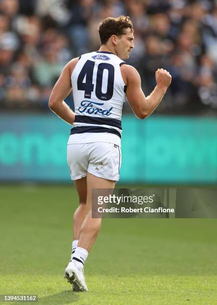Luke Dahlhaus of the Cats aacduring the round seven AFL match between the Geelong Cats and the Fremantle Dockers at GMHBA Stadium on April 30, 2022...