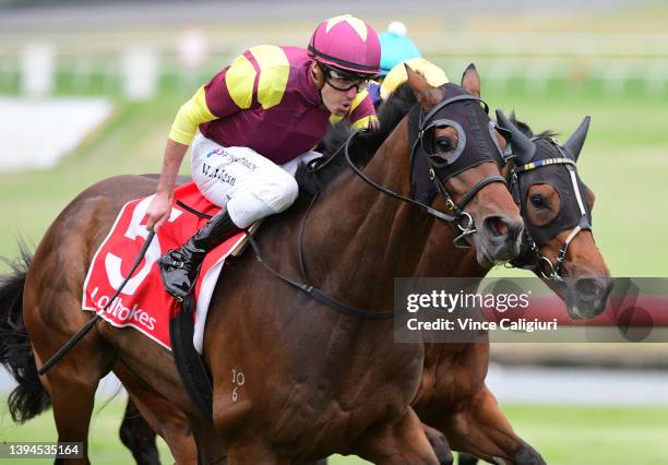 Billy Egan riding Regardsmaree winning Race 8, the Ladbrokes Anniversary Vase during, Melbourne Racing at Sandown Hillside on April 30, 2022 in...