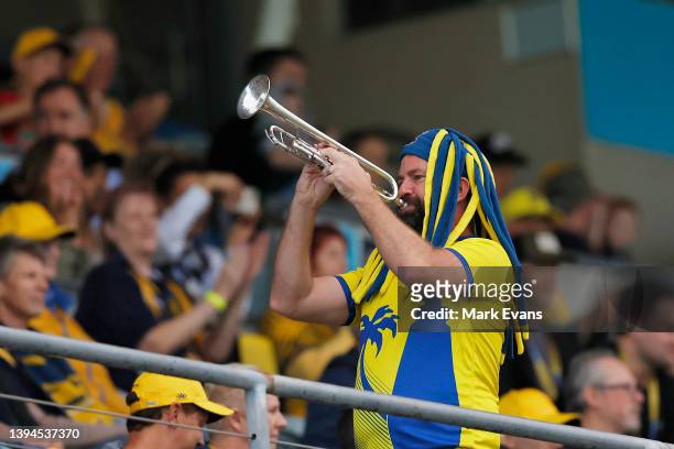 Mariners fan plays the trumpet during the A-League mens match between Central Coast Mariners and Western United at Central Coast Stadium, on April 30...