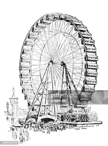 stockillustraties, clipart, cartoons en iconen met the chicago world's fair ferris wheel - reuzenrad