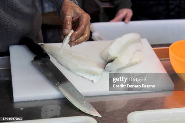 Fresh cod fillets on April 28, 2022 in Bari, Italy. Spending on the local market to help the local economy and the environment