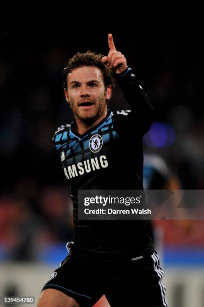 Juan Mata of Chelsea celebrates after scoring the opening goal during the UEFA Champions League round of 16 first leg match between SSC Napoli and...
