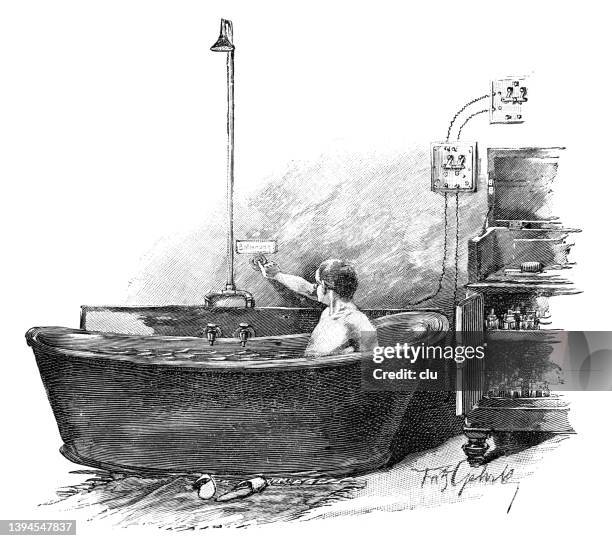 baths and cures: electric bath - man lying on back stock illustrations