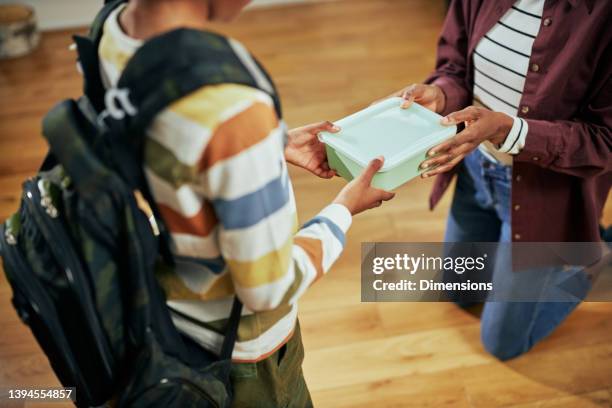 mother bringing her son school lunch - schoolbag lunchbox lunch stockfoto's en -beelden