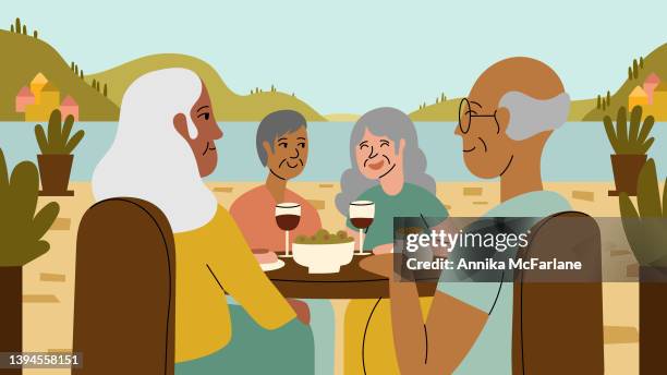 ilustraciones, imágenes clip art, dibujos animados e iconos de stock de un grupo de amigos multirraciales de la tercera edad disfrutan de una comida juntos en vacaciones - cuatro personas