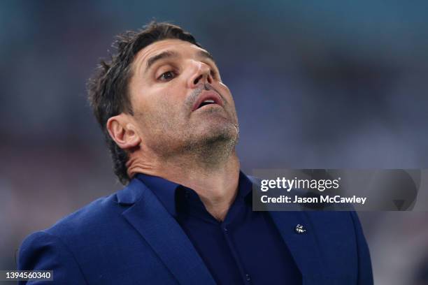 Bulldogs coach Trent Barrett rduring the round eight NRL match between the Canterbury Bulldogs and the Sydney Roosters at Stadium Australia on April...