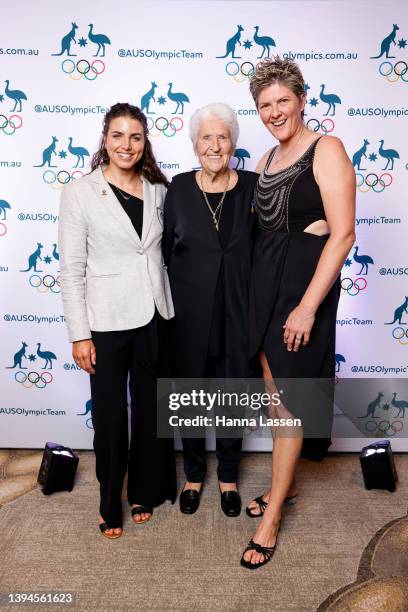 Jessica Fox OAM, Dawn Fraser AC MBE and Natalie Cook OAM during the John Coates Celebration Dinner at Sofitel Hotel on April 30, 2022 in Sydney,...