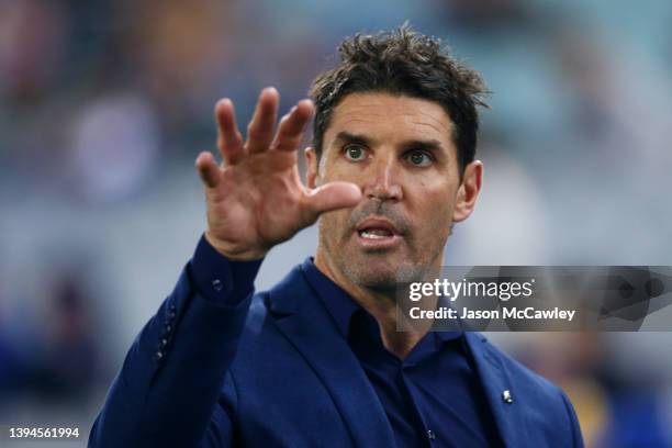 Bulldogs coach Trent Barrett reacts during the round eight NRL match between the Canterbury Bulldogs and the Sydney Roosters at Stadium Australia on...