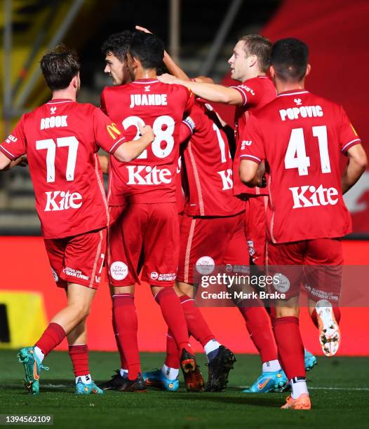 George Blackwood of Adelaide United celebrates after scoring his teams first goal during the A-League Mens match between Adelaide United and Brisbane...