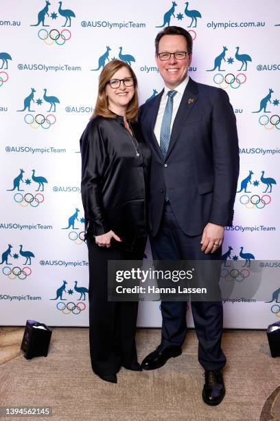 Karen Perkins and Kieren Perkins OAM pose during the John Coates Celebration Dinner at Sofitel Hotel on April 30, 2022 in Sydney, Australia.