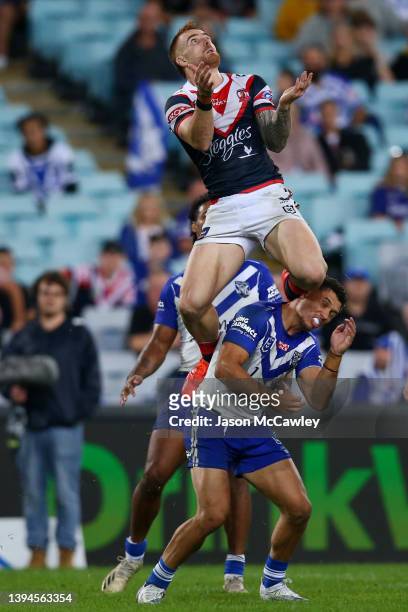 Adam Keighran of the Roosters catches the ball during the round eight NRL match between the Canterbury Bulldogs and the Sydney Roosters at Stadium...