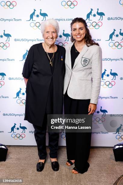 Dawn Fraser AC MBE and Jessica Fox OAM poses during the John Coates Celebration Dinner at Sofitel Hotel on April 30, 2022 in Sydney, Australia.