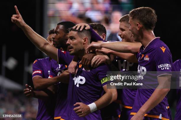 Bruno Fornaroli of the Glory celebrates a goal during the A-League Mens match between Perth Glory and Western Sydney Wanderers at HBF Park, on April...