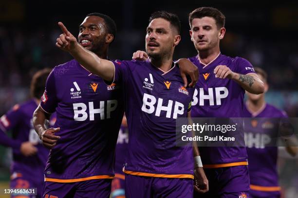 Bruno Fornaroli of the Glory celebrates a goal during the A-League Mens match between Perth Glory and Western Sydney Wanderers at HBF Park, on April...