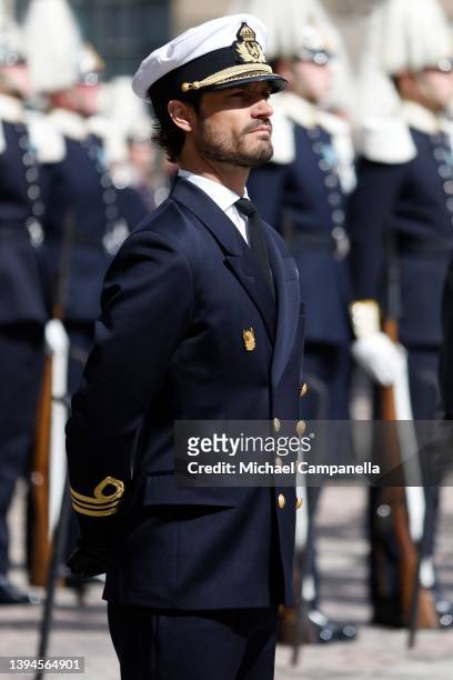 Prince Carl Philip, Duke of Varmland attends a celebration of King Carl Gustav's 76th birthday anniversary at the Royal Palace on April 30, 2022 in...