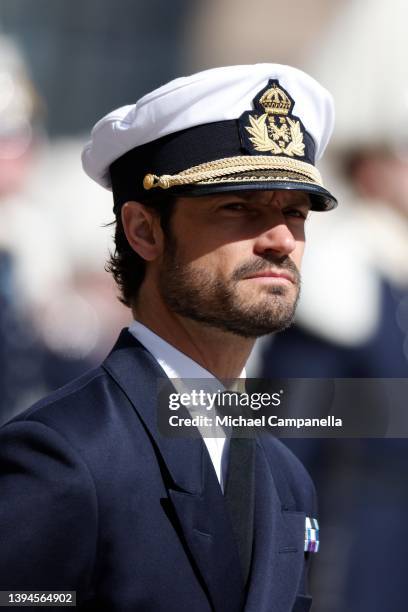 Prince Carl Philip, Duke of Varmland attends a celebration of King Carl Gustav's 76th birthday anniversary at the Royal Palace on April 30, 2022 in...