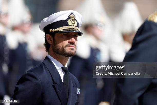 Prince Carl Philip, Duke of Varmland attends a celebration of King Carl Gustav's 76th birthday anniversary at the Royal Palace on April 30, 2022 in...
