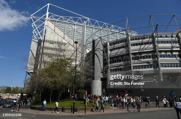 General view outside the stadium prior to the Premier League match between Newcastle United and Liverpool at St. James Park on April 30, 2022 in...