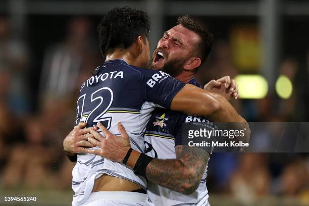 Kyle Feldt of the Cowboys celebrates with Jeremiah Nanai of the Cowboys afterscoring a try during the round eight NRL match between the Parramatta...