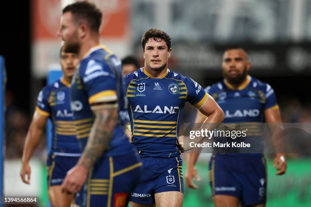 Mitchell Moses of the Eels and his team mates look dejected after a try during the round eight NRL match between the Parramatta Eels and the North...