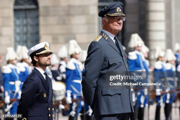 King Carl XVI Gustaf of Sweden and Prince Carl Philip, Duke of Varmland attend a celebration of King Carl Gustav's 76th birthday anniversary at the...