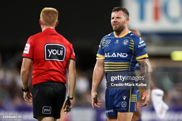 Nathan Brown of the Eels makes his point to the referee during the round eight NRL match between the Parramatta Eels and the North Queensland Cowboys...