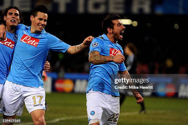 Ezequiel Lavezzi of Napoli celebrates after scoring his team's third goal during the UEFA Champions League round of 16 first leg match between SSC...