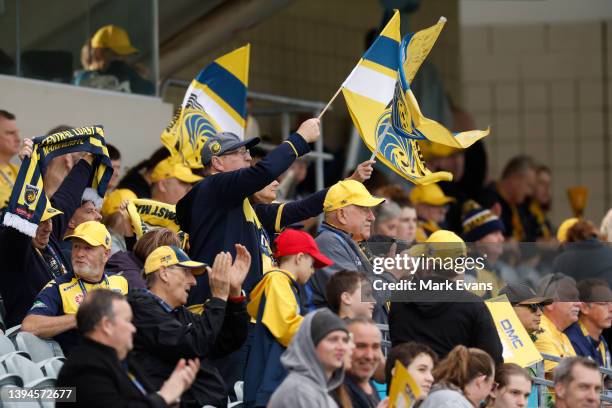 Mariners fans look on during the A-League mens match between Central Coast Mariners and Western United at Central Coast Stadium, on April 30 in...