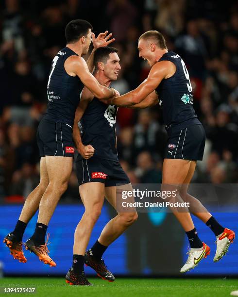 Jacob Weitering of the Blues celebrates kicking a goal during the round seven AFL match between the Carlton Blues and the North Melbourne Kangaroos...