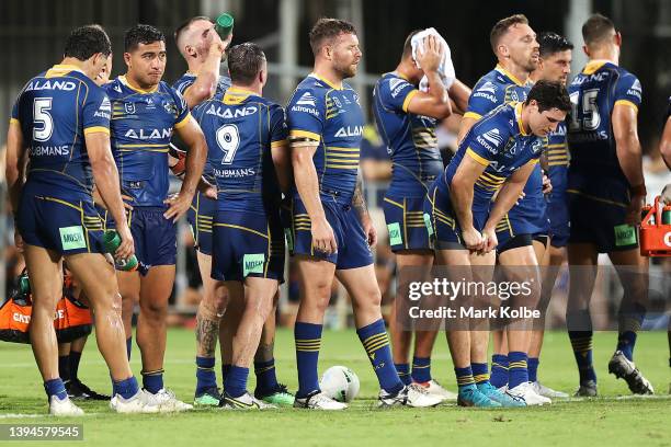 The Eels look dejected after a try during the round eight NRL match between the Parramatta Eels and the North Queensland Cowboys at TIO Stadium, on...