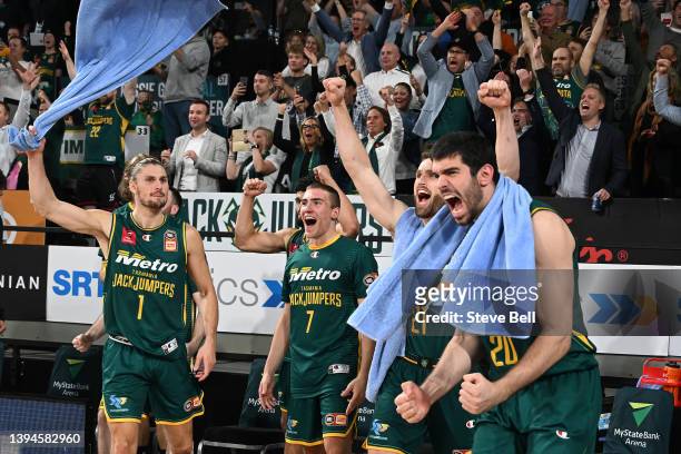 Fabijan Krslovic ,Matt Kenyon, Sejr Deans and Jarred Bairstow of the Jackjumpers celebrates the win during game two of the NBL Semi Final series...