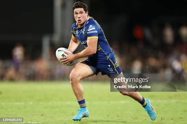 Mitchell Moses of the Eels runs with the ball during the round eight NRL match between the Parramatta Eels and the North Queensland Cowboys at TIO...