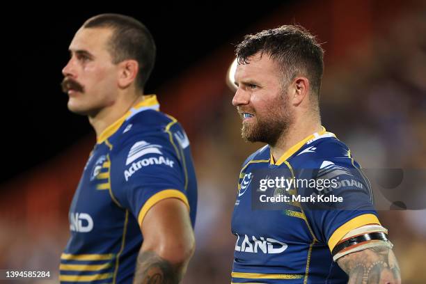 Reagan Campbell-Gillard and Nathan Brown of the Eels watch on from the bench during the round eight NRL match between the Parramatta Eels and the...