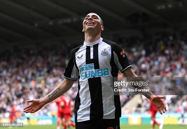 Miguel Almiron of Newcastle United celebrates a goal which was later disallowed by offside during the Premier League match between Newcastle United...