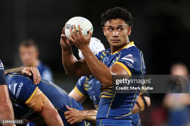 Hayze Perham of the Eels gestures to the referee during the round eight NRL match between the Parramatta Eels and the North Queensland Cowboys at TIO...