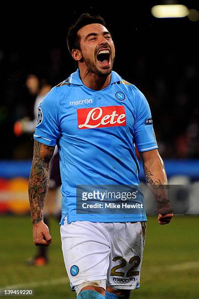 Ezequiel Lavezzi of Napoli celebrates after scoring his team's third goal during the UEFA Champions League round of 16 first leg match between SSC...