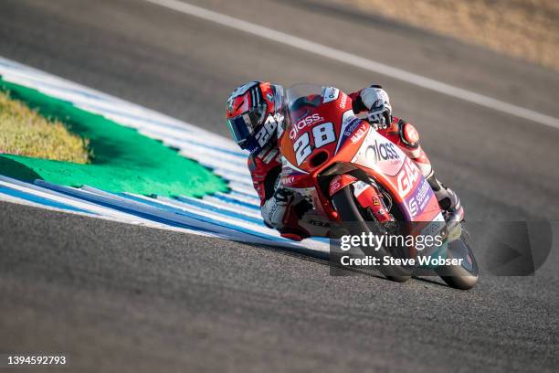 Moto3 rider Izan Guevara of Spain and GASGAS Aspar Team rides during the qualifying practice session of the MotoGP Gran Premio Red Bull de España at...