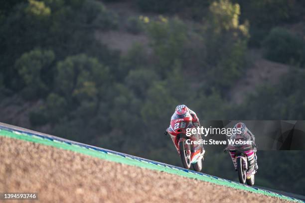 Moto3 rider Izan Guevara of Spain and GASGAS Aspar Team rides during the qualifying practice session of the MotoGP Gran Premio Red Bull de España at...