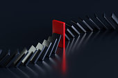 Row of Falling Domino Stones Stopped by Red Domino Stone Over Black Background, Risk Management, Intervene or Prevention Concept, 3d Rendering