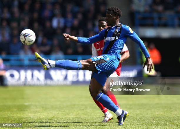 David Tutonda of Gillingham passes the ball during the Sky Bet League One match between Gillingham and Rotherham United at MEMS Priestfield Stadium...