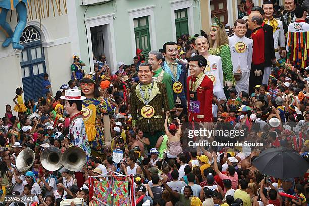 Revellers celebrate during the Gian Puppets parade in Olinda City on February 18, 2011 in Recife state, Brazil. Carnival is the biggest and most...