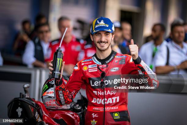 Francesco Bagnaia of Italy and Ducati Lenovo Team at parc ferme after he won the pole position during the qualifying practice session of the MotoGP...